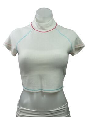 Polly Women's White Mock Neck Ribbed Knit Short Sleeve T Shirt Crop Top Size 6